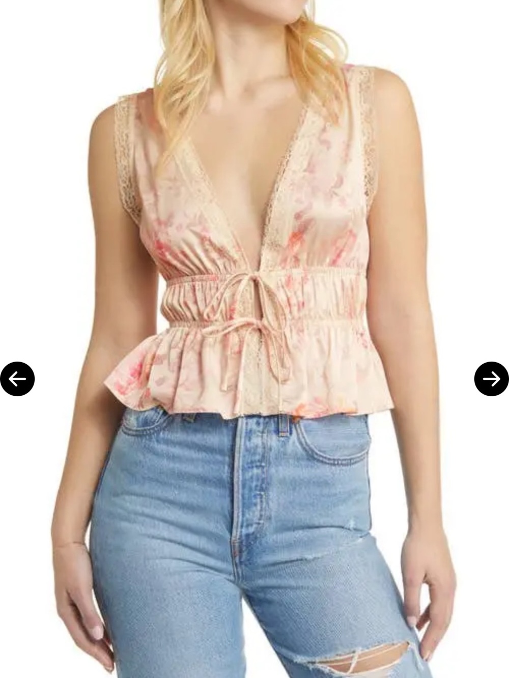 Wayf Blush Floral Lace-Trim Peplum Tie-Front Camisole nWOT